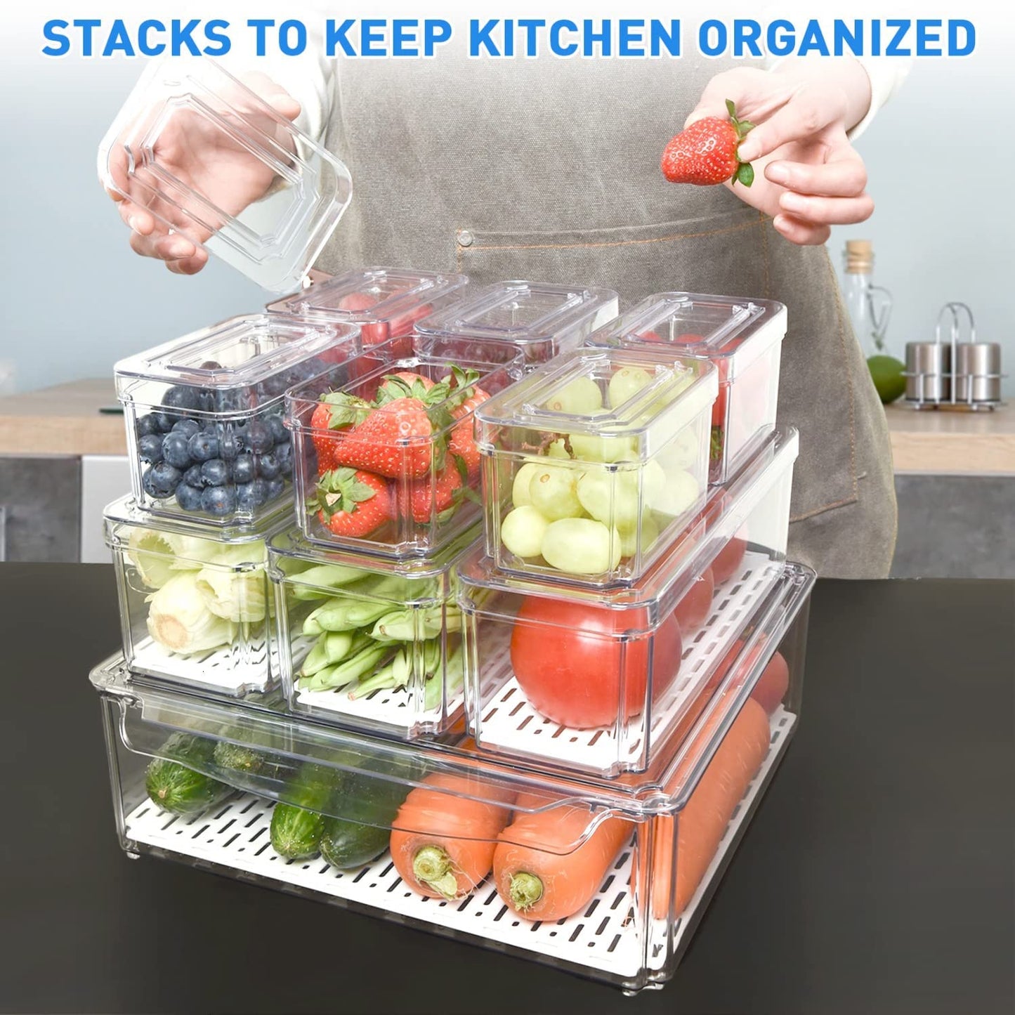 Stackable Refrigerator Organizer Bins with Lids, BPA-Free