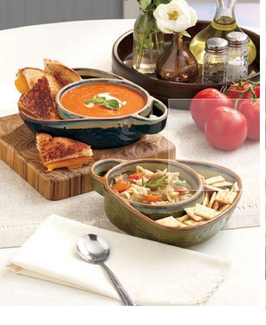 Stoneware Double Bowls for Dips and Soups