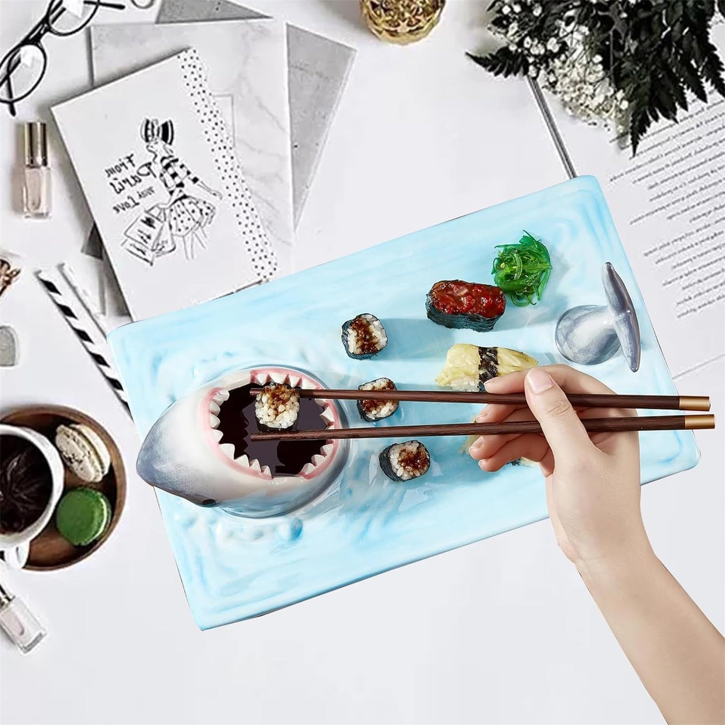Shark Sushi Plate - Hand-Painted Ceramic
