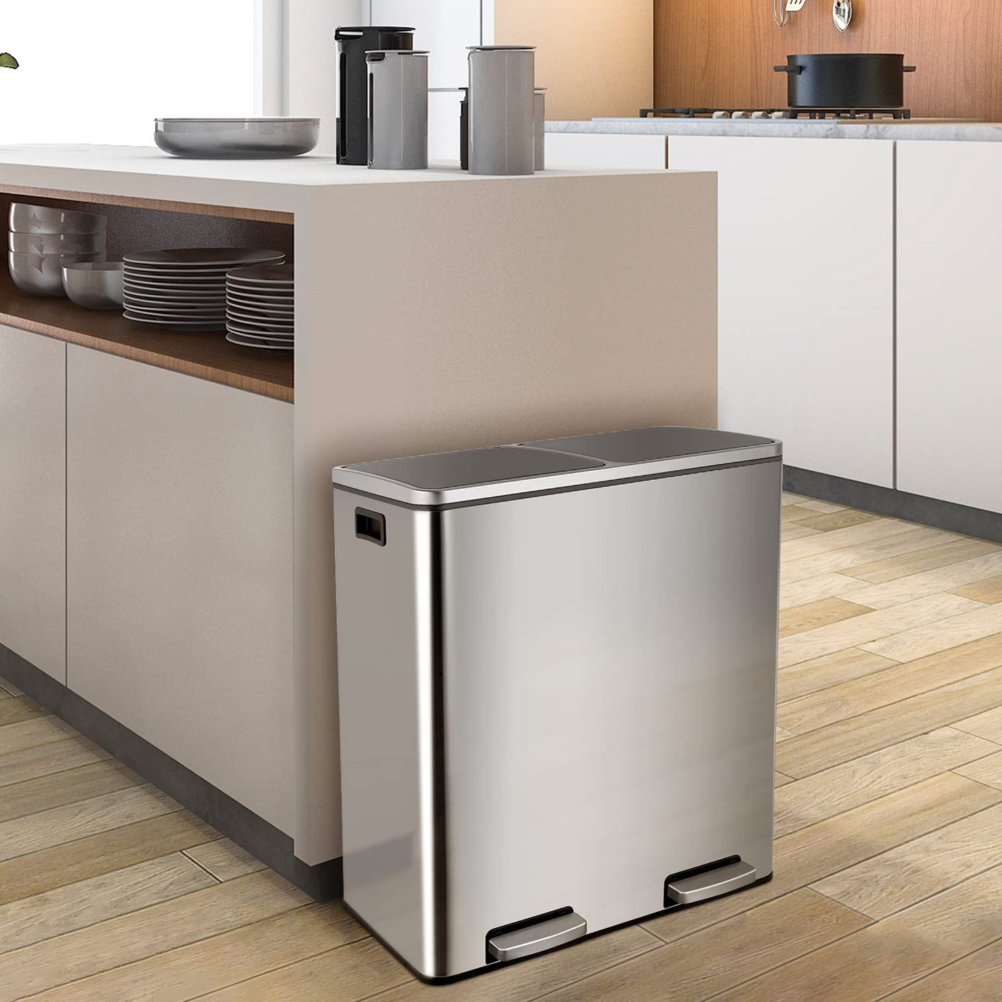 Double-Compartment Stainless Steel Trash Can
