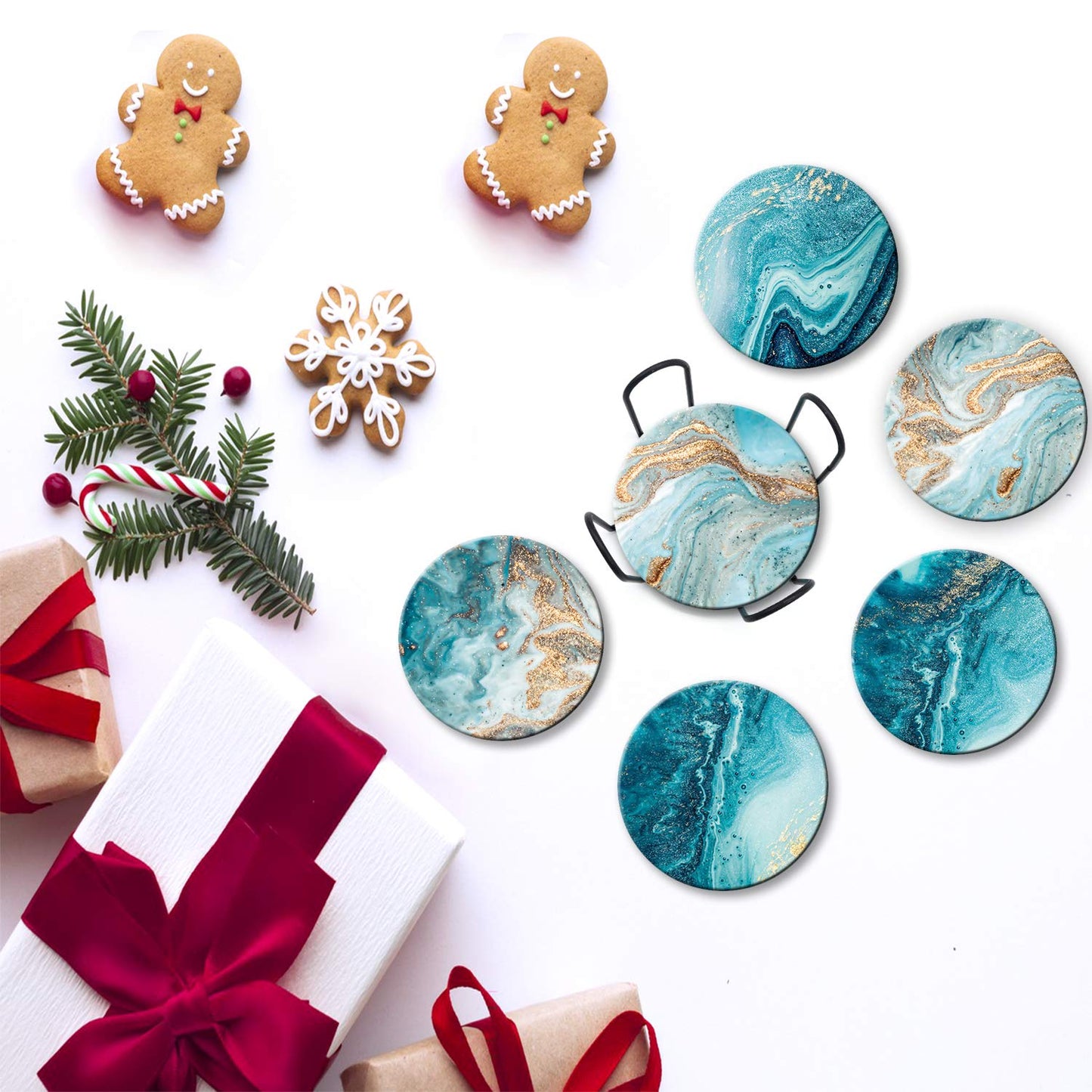 Absorbent Ceramic Stone Coasters Set of 6 with Holder - Teal Marble