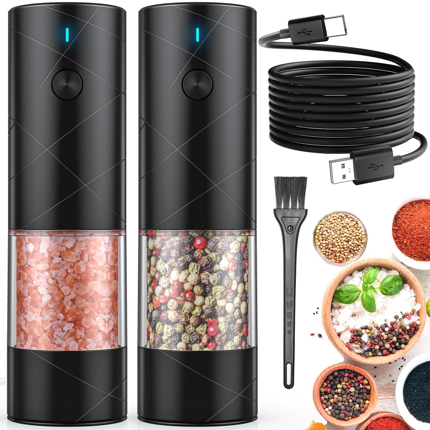 Electric Salt and Pepper Grinder Set, USB Rechargeable