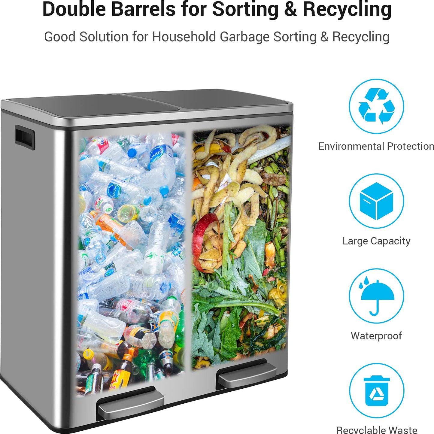 Double-Compartment Stainless Steel Trash Can