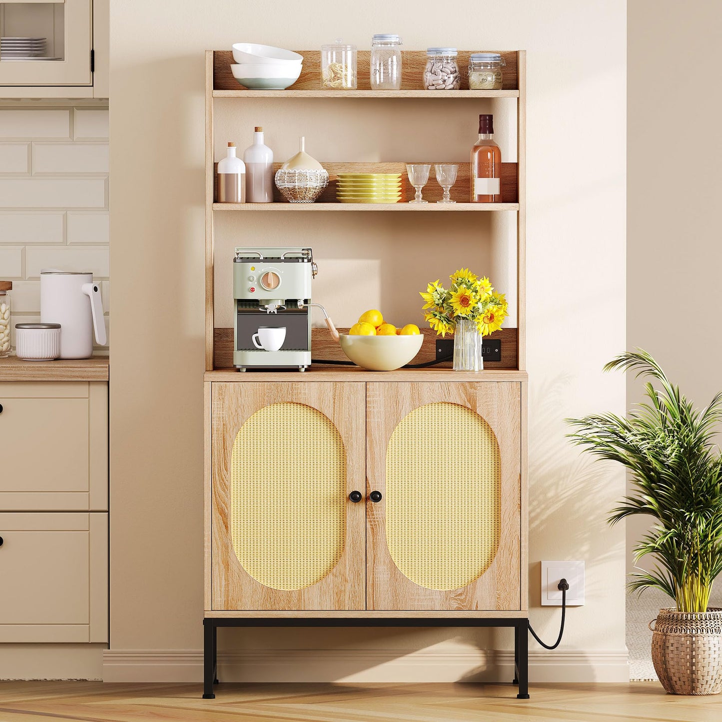 Rattan Kitchen Baker’s Rack with Outlets