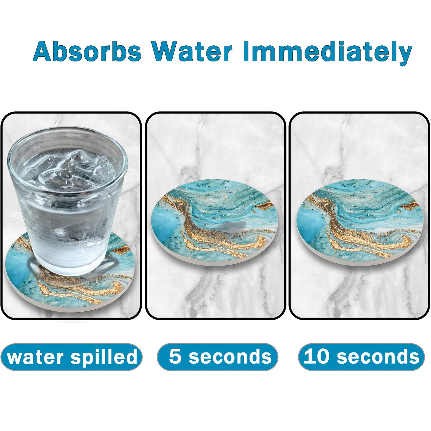 Absorbent Ceramic Stone Coasters Set of 6 with Holder - Teal Marble
