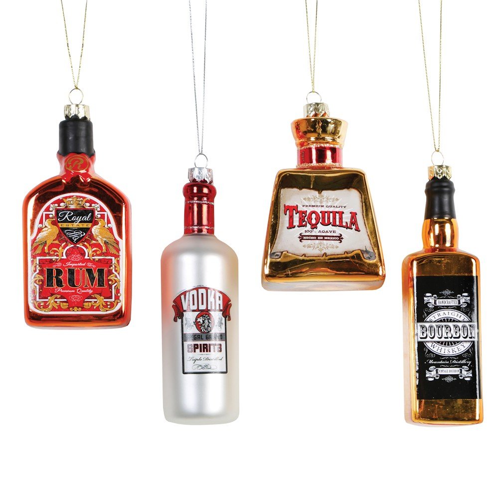 Glass Alcohol Bottle Ornaments - 4 Assorted