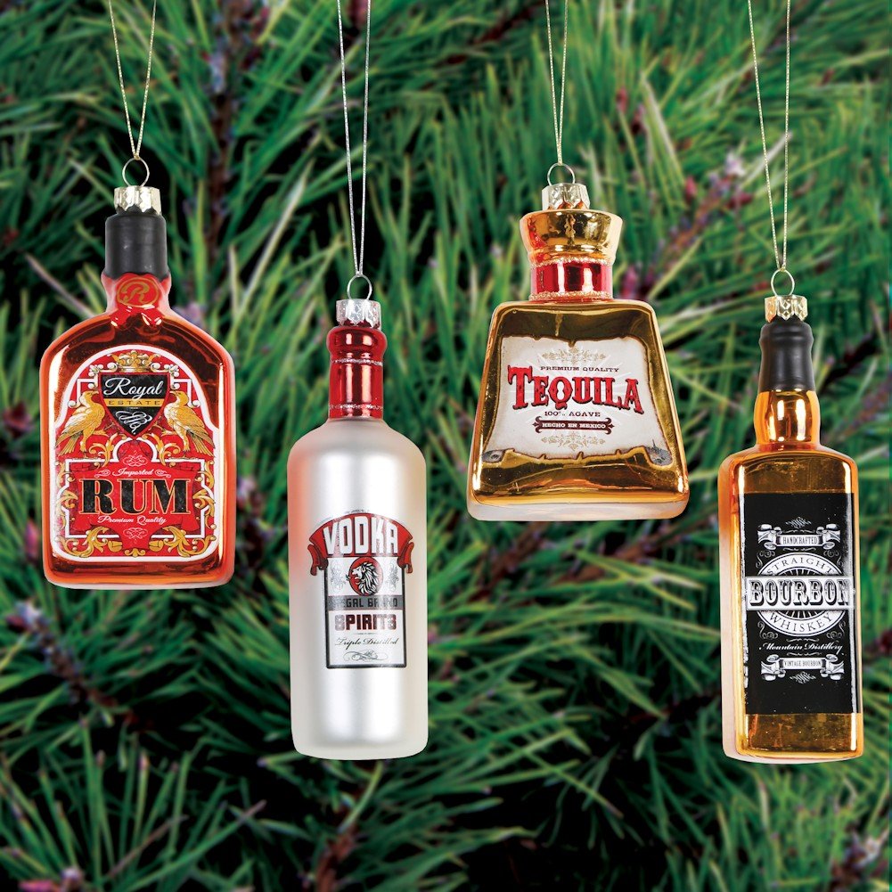 Glass Alcohol Bottle Ornaments - 4 Assorted