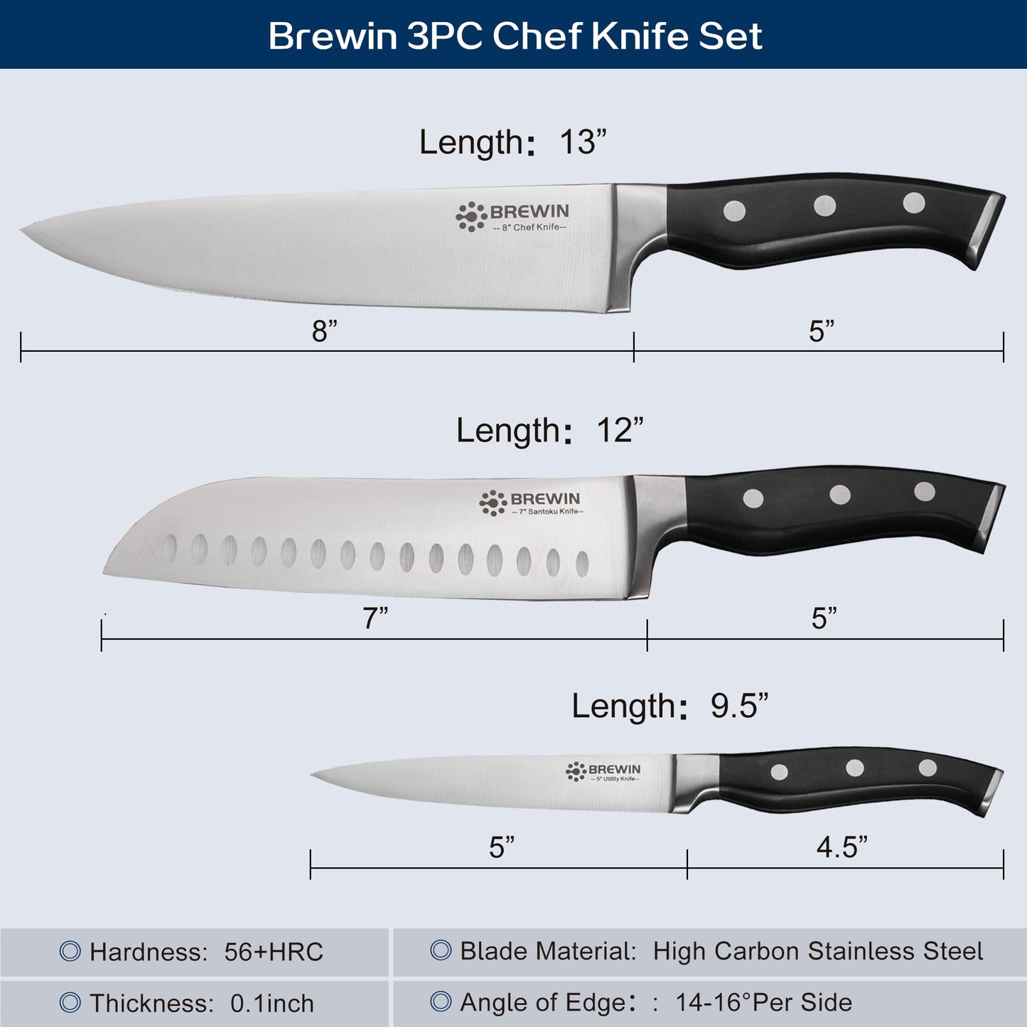 Professional 3PC Chef Knife Set - High Carbon Stainless Steel