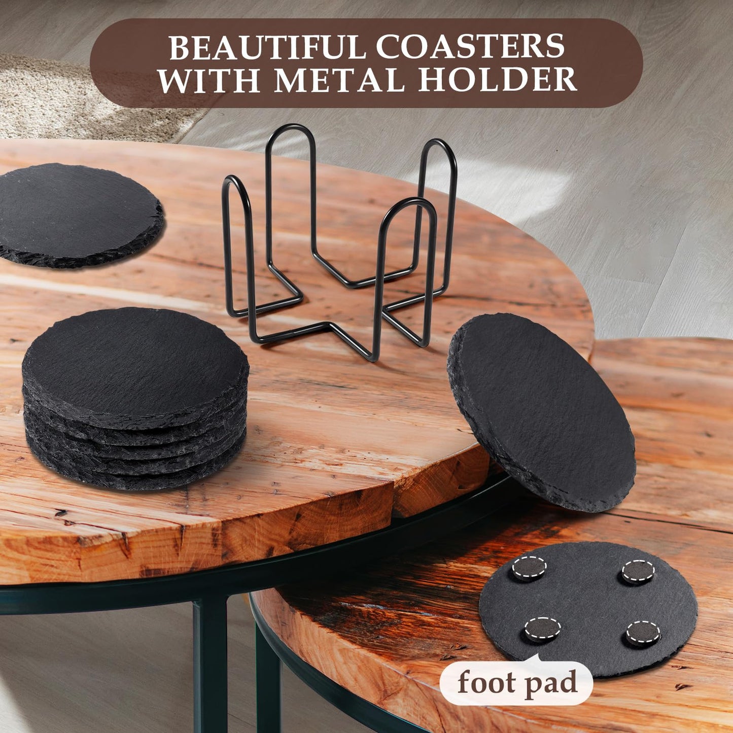 Slate Drink Coasters with Metal Holder - Set of 8