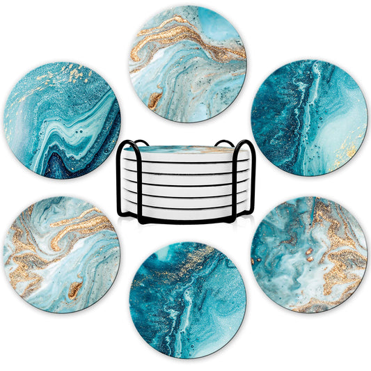 Absorbent Ceramic Stone Coasters Set of 6 with Holder - Teal Marble