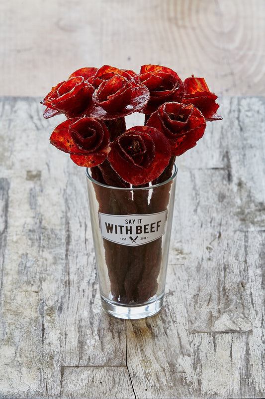 Beef Jerky Rose Bouquet with Pint Glass